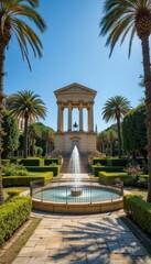 Fototapeta premium Serene Garden with Fountain and Palm Trees in Bright Sunshine