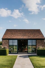 Fototapeta premium Charming rustic building with modern glass doors surrounded by lush greenery in a peaceful rural setting under a bright blue sky during daytime