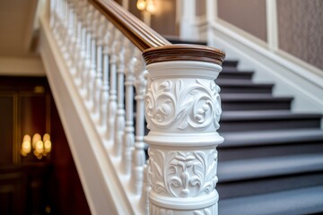 Close-up of an ornate white newel post with floral design, highlighting the craftsmanship and elegance of a luxury hotel staircase