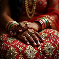 Intricate decorated hands resting on embroidered lehenga with vivid henna and bangles exuding luxury, generative ai