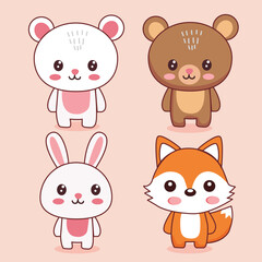 Fototapeta premium Cute wild animals set including bunny, bear, fox.