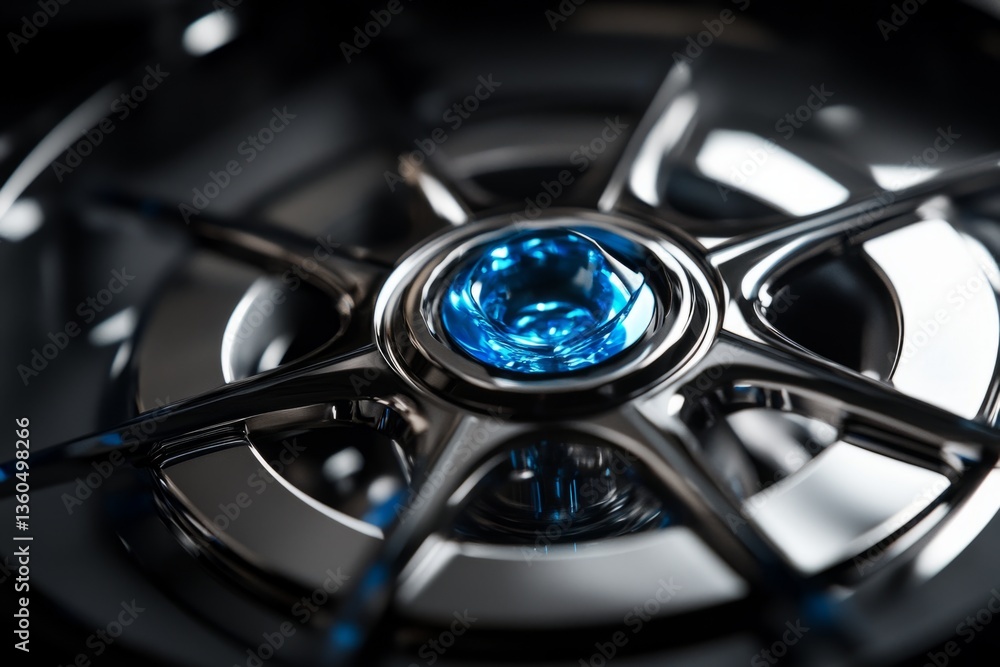 Poster close-up of a futuristic mechanism featuring a glowing blue core at the center of a complex metallic
