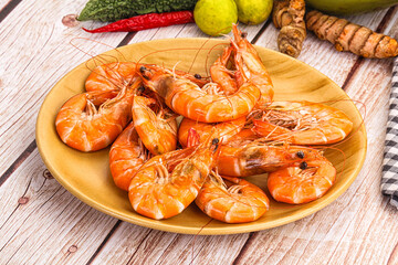 Tasty hot big boiled prawns
