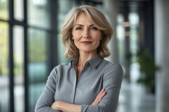 Headshot portrait of happy middle aged business woman, smiling 45 years old businesswoman, mature female professional executive manager leader standing in corporate office looking at camera