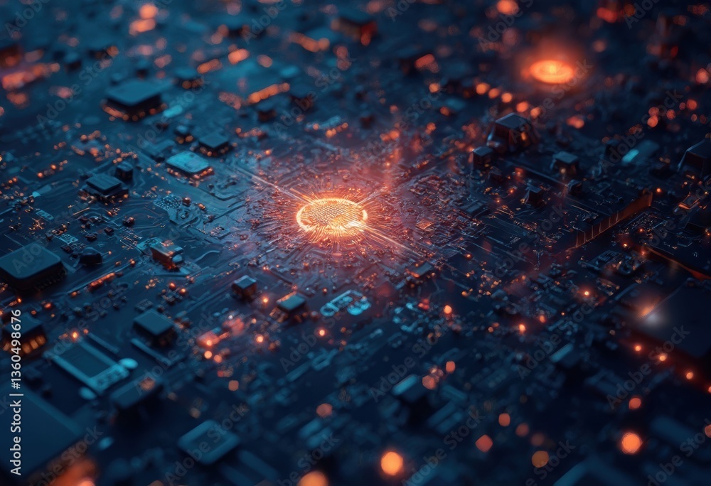 Poster glowing circuit board with glowing microchips