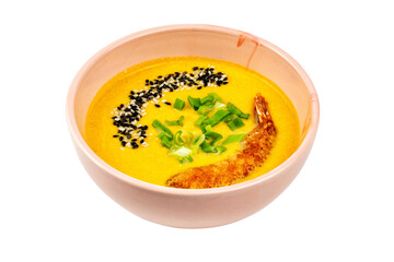 Creamy Seafood Delight: A flavorful shrimp bisque with scallions and sesame seeds, perfect for an elegant meal