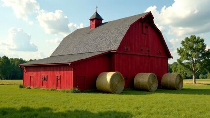 Fototapeta premium red farm barn on green field away from city