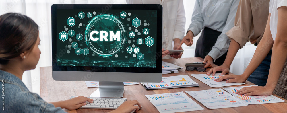 Aufkleber customer relationship management system on brisk computer for crm business and enterprise