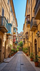 Fototapeta premium Charming Sunlit Alleyway with Colorful Balconies and Potted Plants