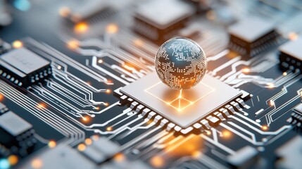 Global technology concept with a digital globe on a microchip