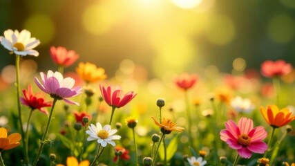 different flowers in a field on a sunny day