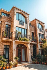 Naklejka premium This delightful modern townhouse boasts an elegant stone facade, surrounded by vibrant greenery that thrives under a clear blue sky in the daytime