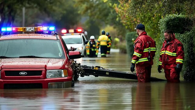 Firefighters rescuing a stranded car in flooded street