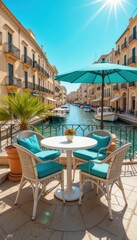 Charming Outdoor Cafe Scene by Serene Canal in Bright Daylight
