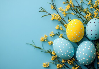 Fototapeta premium Colorful Easter Eggs Surrounded by Bright Yellow Flowers on a Blue Background for Spring Celebrations and Festive Decorations