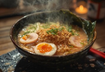 A steaming bowl of ramen with a soft-boiled egg and herbs.