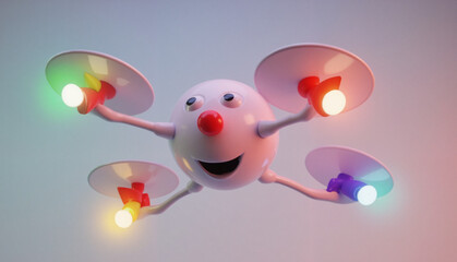 Obraz premium 3D illustration of a happy toy drone flying against a bright background 