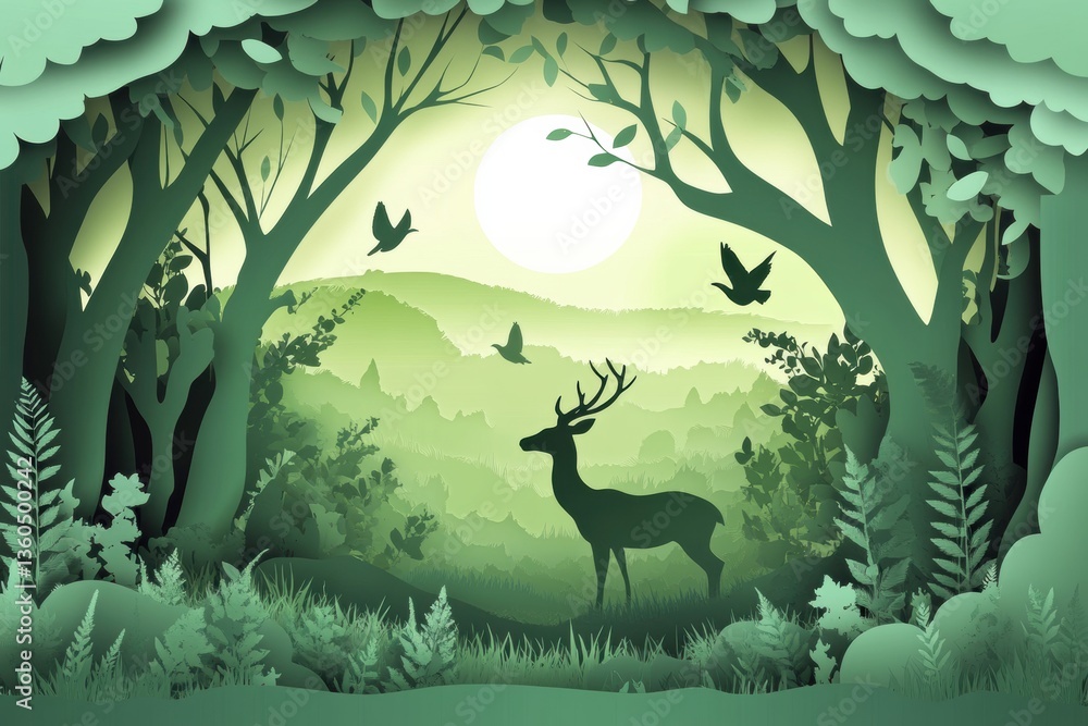 Aufkleber layered paper cut forest with deer and birds in soft green tones creating a tranquil natural atmosph
