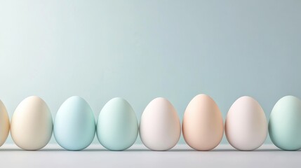 Colorful pastel eggs arranged neatly on a light surface creating a serene spring atmosphere