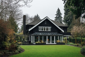 Obraz premium Elegant black house with sunroom nestled in lush garden on a cloudy day in a suburban neighborhood surrounded by greenery