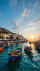 Fototapeta premium Colorful Fishing Boats at Sunset in a Serene Coastal Harbor Scene