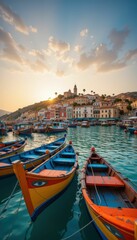 Fototapeta premium Serene Sunset Over Colorful Boats in Harbor with Coastal Village