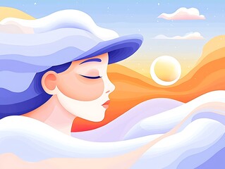 Serene Woman for Desert Sunset, Dreamy Clouds.