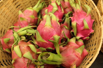pitahaya dragon fruit in a wicker basket. Horizontal Photo