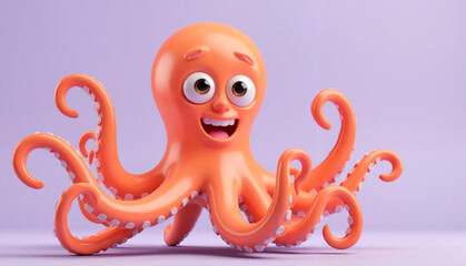 Cartoon Octopus Smiling 3D Illustration on Purple Background  