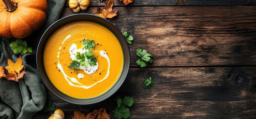 A warm bowl of pumpkin and carrot soup topped with cream and parsley, photographed from above on a dark wooden background