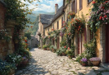 Naklejka premium Narrow Street Lined with Brick Houses and Ivy-Covered Facades