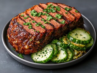 Sliced Steak Dinner for Grilled Veggies, Dark Plate.