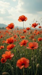 Vibrant Red Poppy Flowers in a Lush Green Field Under Blue Sky