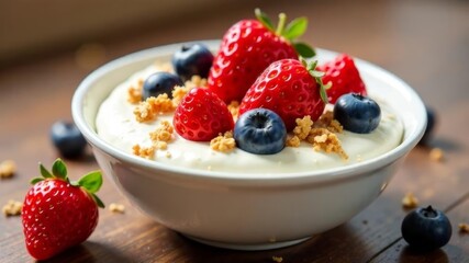 Yogurt parfait with fresh berries sits on a rustic wooden table ready to eat healthy and delicious