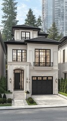 Fototapeta premium Elegant tall house exterior with trees and skyscraper in the background for real estate ads