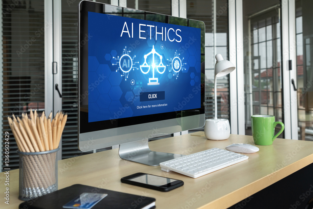 Poster ai ethics responsibility standard law and rules on computer screen provide report of ai ethic transp
