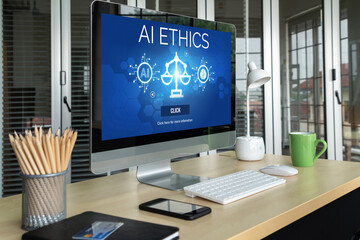 AI ethics responsibility standard law and rules on computer screen provide report of AI ethic...
