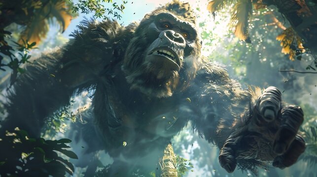 Photorealistic image of extinct Gigantopithecus largest ape ever exist towering over dense tropical forest of ancient Asia massive primate covered thick dark fur reaching fruit high treetop Mist drift