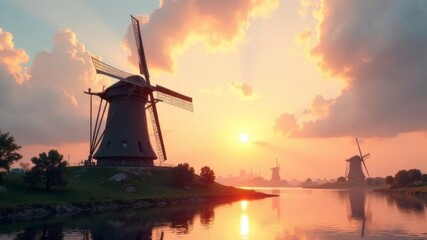 big mill by the river at sunset