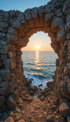 Fototapeta premium Scenic View Through Ancient Stone Archway at Sunrise Over Ocean