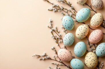 Fototapeta premium Colorful Easter Eggs Surrounded by Delicate Spring Branches on Soft Beige Background for Festive Seasonal Celebrations and Holiday Decoration Ideas