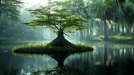 Lone tree stands in still waters surrounded by serene wetlands in early morning light - Powered by Adobe