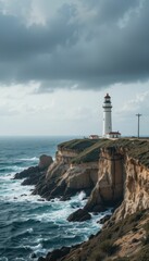 Majestic Lighthouse Overlooking Ocean Waves Under Dramatic Sky