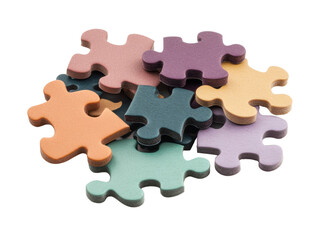Colorful puzzle pieces scattered on a white background