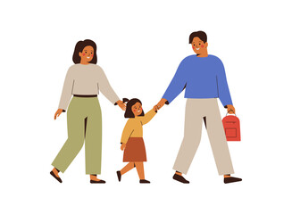 Parents accompany daughter to school. Asian Man and woman hold hands their baby girl and go together to kindergarten. Back to school concept. Parental control,care about children. Vector illustration