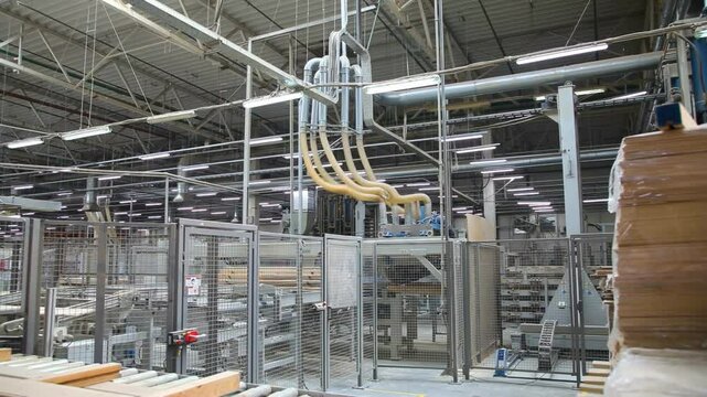 Industrial equipment for laminate production. Parquet board and laminate production line. Laminate floors. Laminate production plant.