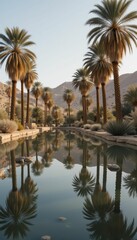 Fototapeta premium Tranquil Palm Trees by Serene Reflective Water in Desert Landscape