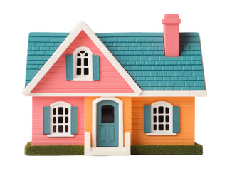 Colorful toy house with unique design and playful features on a transparent background, cut out