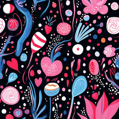 Playful Underwater Pattern with Vibrant Sea Creatures Coral Seaweed and Nautical Doodles on a Black Background Featuring Childlike Aquatic Illustrations Jellyfish and Seashell Shapes.



