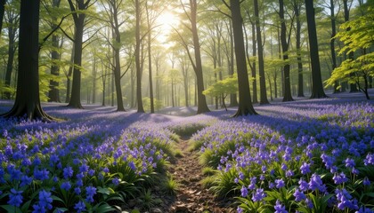 Naklejka premium Tranquil Forest Pathway Amidst Vibrant Bluebell Blooms in Spring